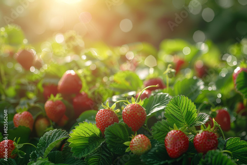 A patch of sun-kissed strawberries ripening in a garden bed  their scarlet hues peeking out from beneath a canopy of lush green leaves. Concept of garden harvest. Generative Ai.