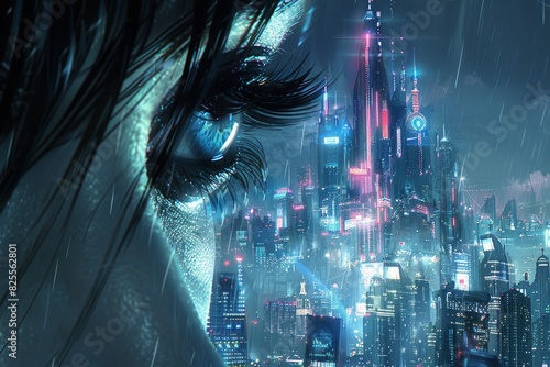 Futuristic eye reflecting a neon city under a cybernetic sky, envisioning a digital metropolis photo