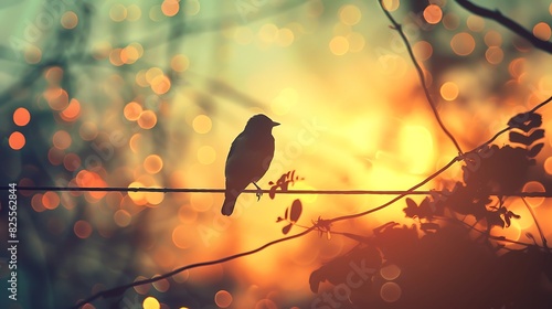 A lonely bird is sitting on a branch against the backdrop of the setting sun.