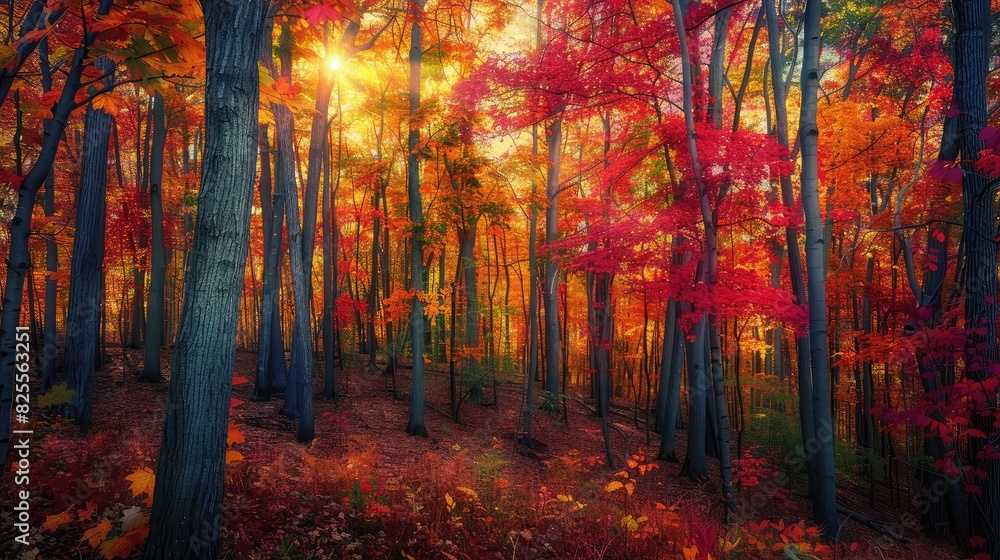 A colorful forest with leaves turning shades of red and gold, capturing the beauty of the autumn season.