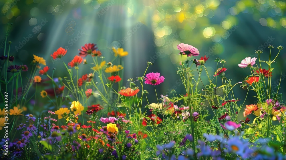 A colorful garden filled with blooming flowers, thriving under the radiant sun of the summer season.