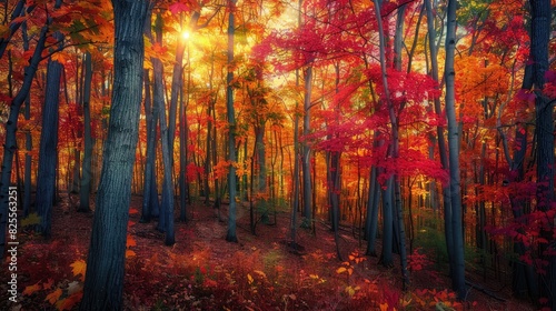 A colorful forest with leaves turning shades of red and gold, capturing the beauty of the autumn season. photo