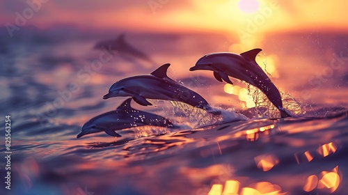 Dolphins jumping out of water at sunset in the ocean.