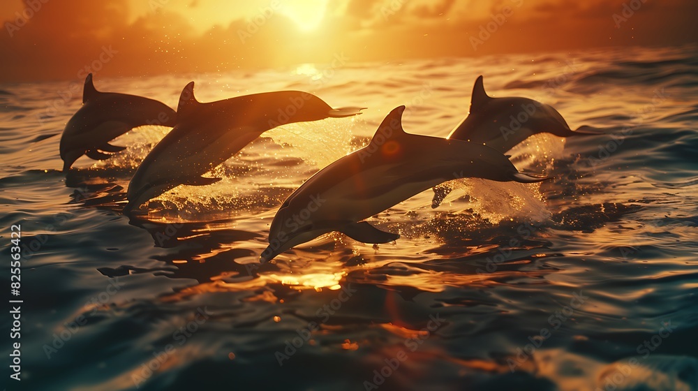 Fototapeta premium Four dolphins jumping out of water at sunset.