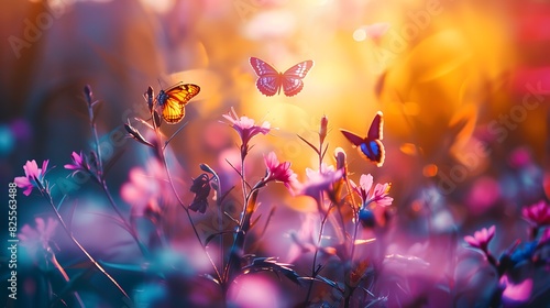 Graceful butterflies flutter among the vibrant wildflowers, their wings glistening in the soft sunlight.