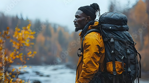 Man in Yellow Jacket Standing by a River in Fall with a Backpack Looking at the View © Lucia