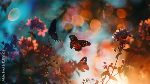 Mystical image of butterflies and flowers in a surreal glowing light