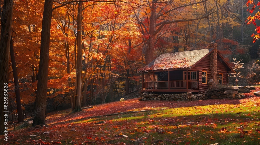 A cozy cabin nestled in the woods, surrounded by trees adorned with fiery autumn foliage, welcoming the leafy season.