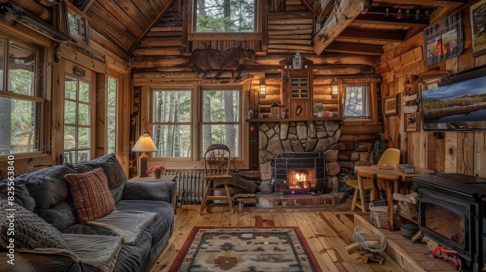 A cozy cabin nestled in the woods with a crackling fireplace and rustic decor, offering a peaceful retreat in nature.