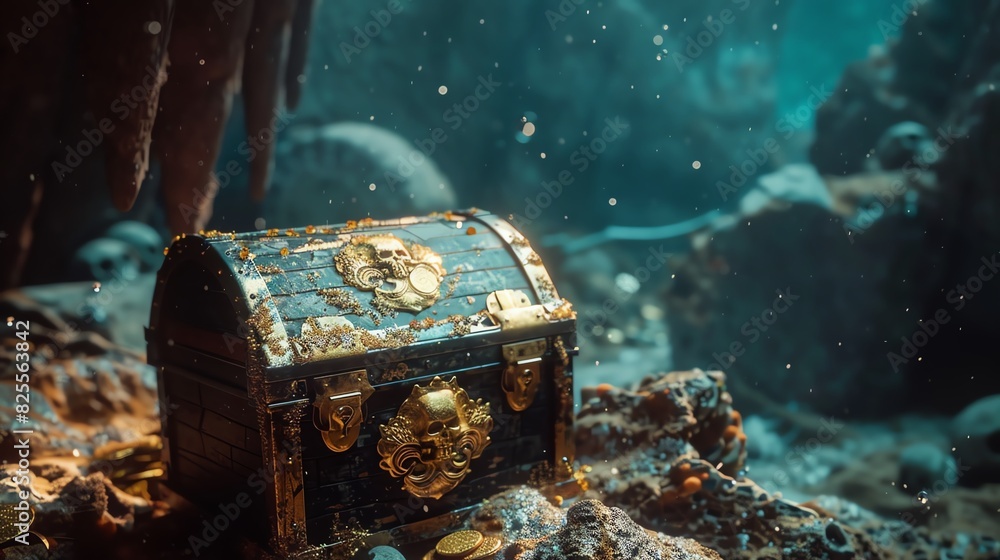 Treasure Chest in a Pirate Shipwreck A pirate shipwreck where a