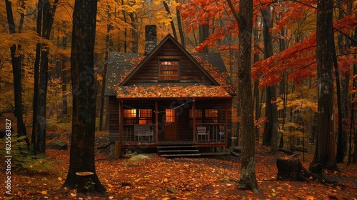 A cozy cabin nestled in the woods, surrounded by trees adorned with fiery autumn foliage, welcoming the leafy season.