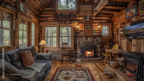 A cozy cabin nestled in the woods with a crackling fireplace and rustic decor, offering a peaceful retreat in nature.