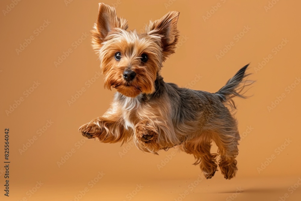 Yorkshire Terrier dog Jumping and remaining in mid-air, studio lighting, isolated on pastel background, stock photographic style