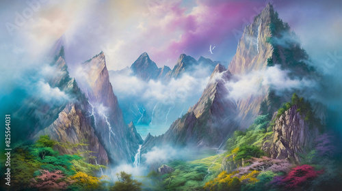 photo-realistic mountain ranges, clear, vivid and bright colors, randomized cloud formations, massive rocky formations with sheer drops, ancient glaciers carving through the landscape, lush forests at photo