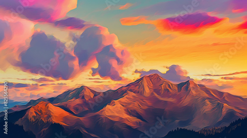 photo-realistic mountain ranges, clear, vivid and bright colors, randomized cloud formations, gently rolling hills transitioning into steep, rugged mountains, patches of golden sunlight breaking throu photo