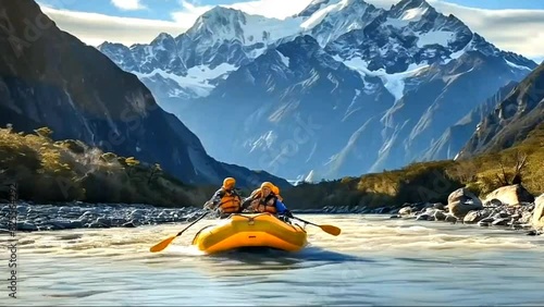 A team of people in a white water raft navigating through thrilling rapids on a fast-flowing river, having fun and enjoying the adventure. Young person rafting on the river. UHD photo