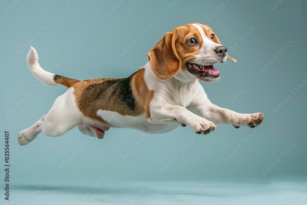 Beagle dog Jumping and remaining in mid-air, studio lighting, isolated on pastel background, stock photographic style