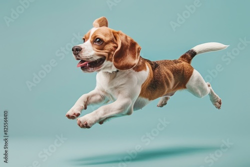 Beagle dog Jumping and remaining in mid-air, studio lighting, isolated on pastel background, stock photographic style
