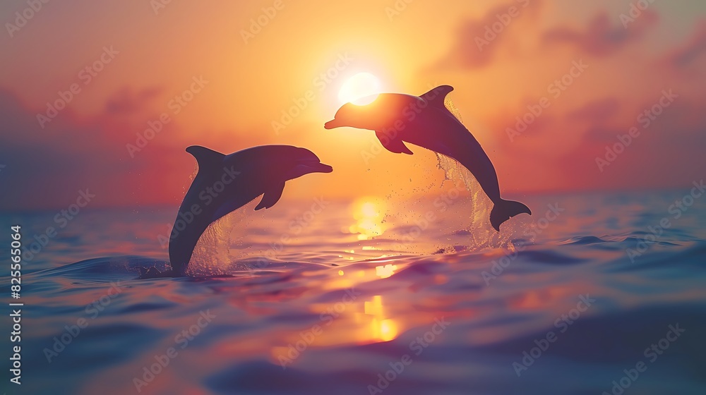 Two dolphins jumping out of the water at sunset. Two dolphins jumping out of the water at sunset.
