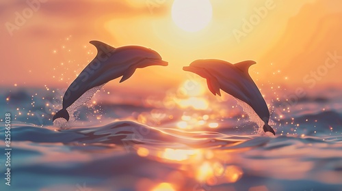 Two dolphins jumping out of the water at sunset.