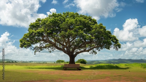 A grand tree in the middle of a field, with a wooden bench placed beneath its branches.