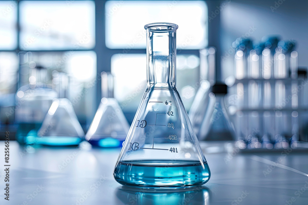 Science Beaker in the laboratory on a table white and light blue background background laboratory equipment out of focus Science Beaker in the laboratory on a table white and light blue background background laboratory equipment out of focus