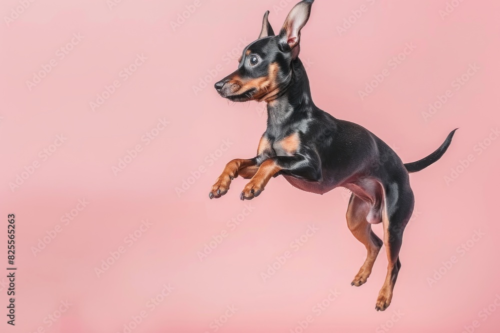 byssinian dog Jumping and remaining in mid-air, studio lighting, isolated on pastel background, stock photographic style