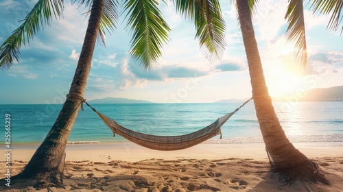 A hammock strung between two palm trees on a beach, with a perfect view of the sea.