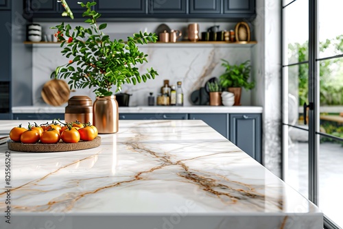 Close-up Marble granite kitchen counter island for product display on modern bright and clean kitchen space.