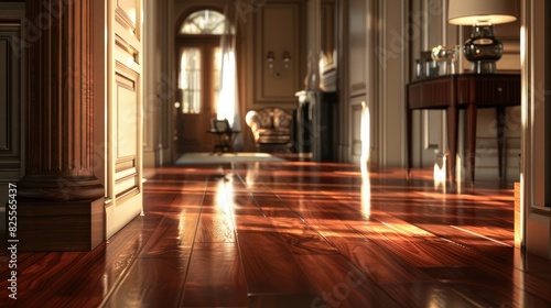 A hardwood floor with rich mahogany tones  creating a warm and inviting atmosphere in a home.