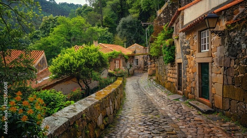 A historic cobblestone wall winding through a quaint village, steeped in tradition and heritage. photo