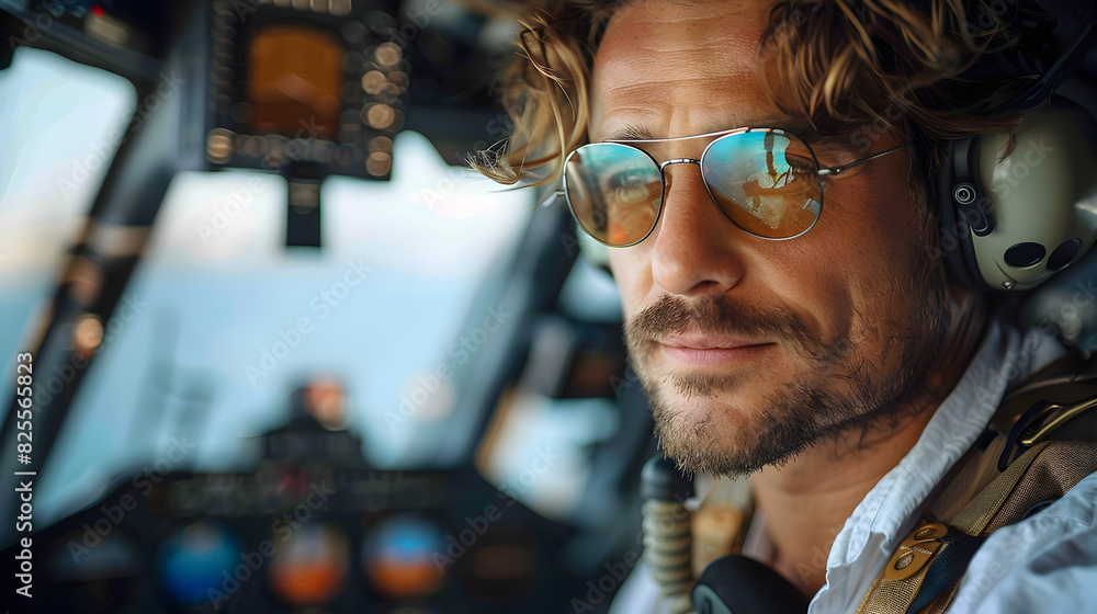 Intense Close-up of a Man with a Mustache Wearing Sunglasses and Looking Straight Ahead While Driving a Plane Intense Close-up of a Man with a Mustache Wearing Sunglasses and Looking Straight Ahead While Driving a Plane
