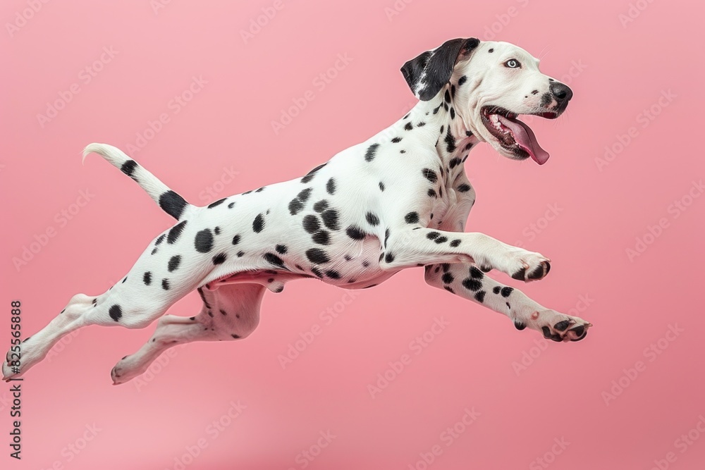 Dalmatian dog Jumping and remaining in mid-air, studio lighting, isolated on pastel background, stock photographic style