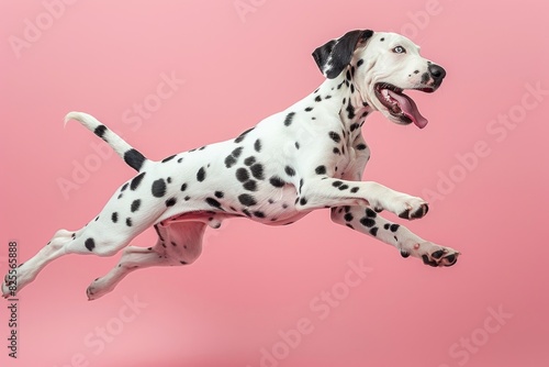 Dalmatian dog Jumping and remaining in mid-air  studio lighting  isolated on pastel background  stock photographic style
