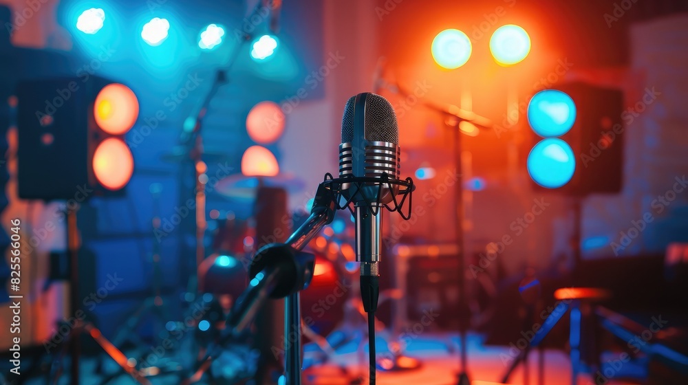 A live stream set up with a professional microphone, lighting, and backdrop, ready for an online sale. A live stream set up with a professional microphone, lighting, and backdrop, ready for an online sale.