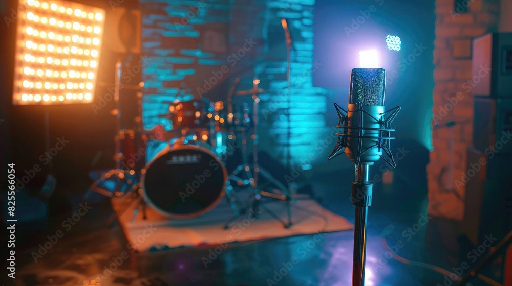 A live stream set up with a professional microphone, lighting, and backdrop, ready for an online sale. A live stream set up with a professional microphone, lighting, and backdrop, ready for an online sale.