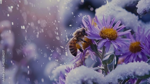 A macro shot of a bee collecting nectar from a purple aster flower, highlighting the intricate details of nature. photo