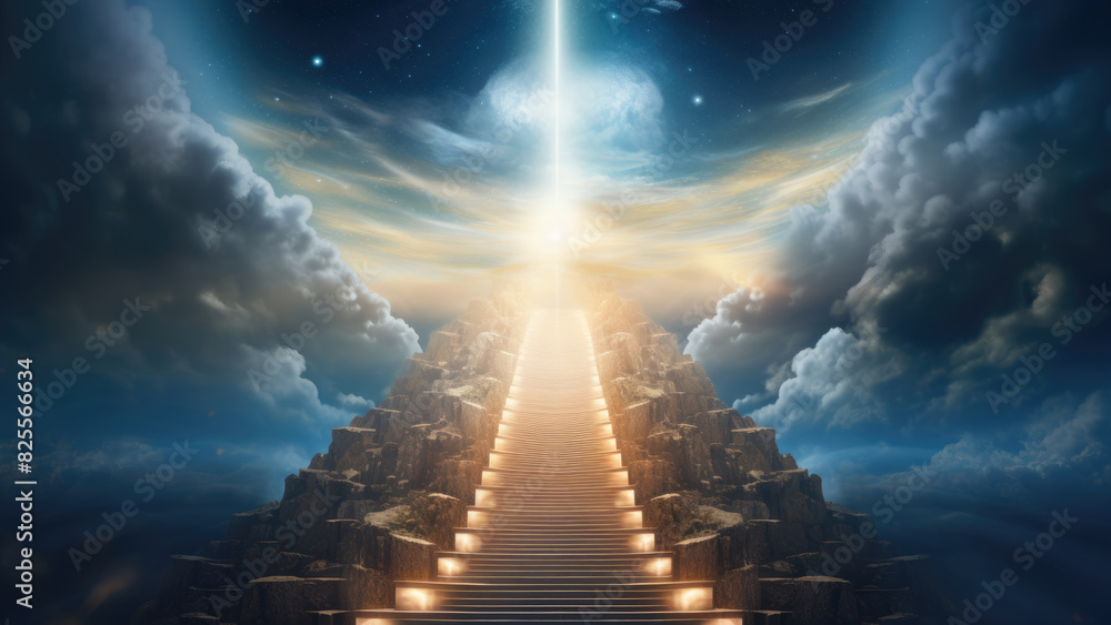 Majestic Celestial Stairway Leading to a Heavenly Light Beyond the Clouds