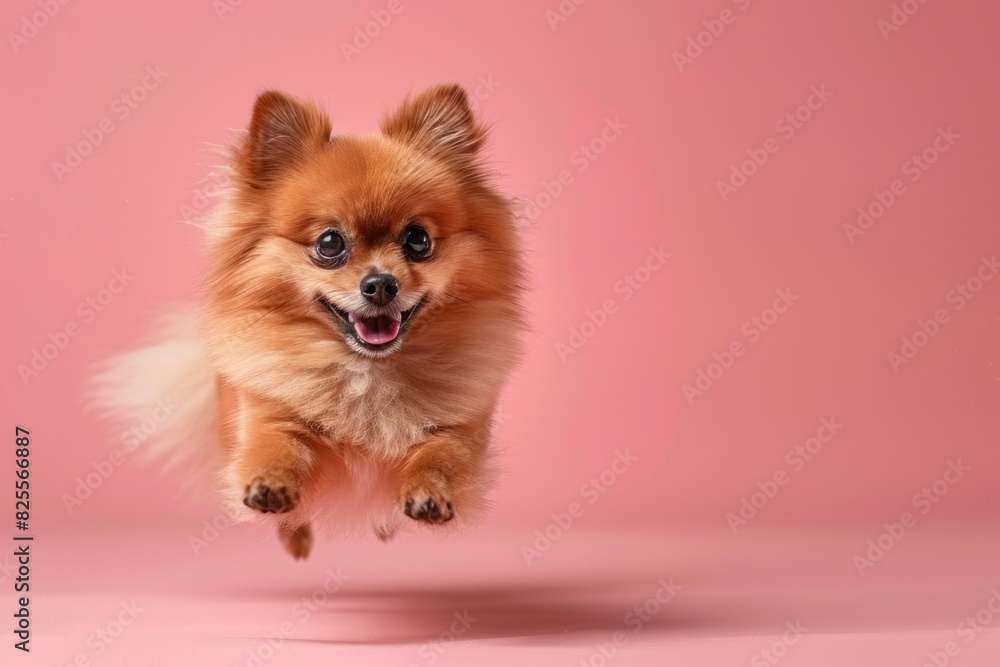 Pomeranian dog Jumping and remaining in mid-air, studio lighting, isolated on pastel background, stock photographic style Pomeranian dog Jumping and remaining in mid-air, studio lighting, isolated on pastel background, stock photographic style