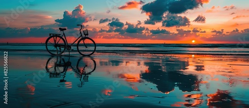 A bicycle is parked on the beach at sunset. The sky is a mix of pink and orange hues, creating a serene and peaceful atmosphere. photo