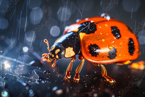 A ladybug is walking on a wet rock. The image has a mood of calmness and serenity photo