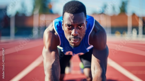 determined male athlete in starting stance anticipation on running track soft light sports photography