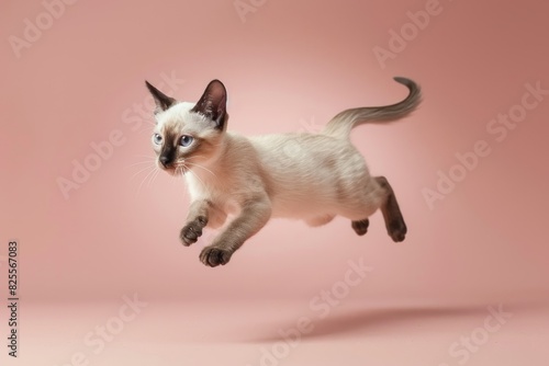 Siamese cat Jumping and remaining in mid-air, studio lighting, isolated on pastel background, stock photographic style © wasan
