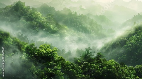 enchanting woodland sanctuary lush green forest immersed in mystical mist chinese classical style digital painting © furyon