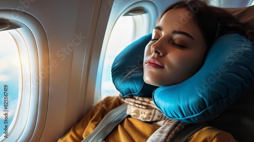 exhausted traveler napping with neck pillow on airplane abstract background photo