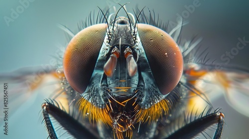 extreme closeup of a common houseflys compound eyes and hairy body macro photography photo