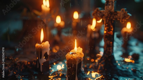 Cemetery candles burning with melted wax