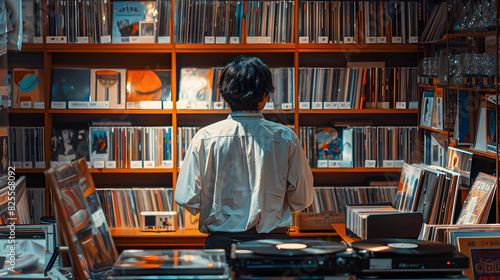 Man Browsing Through a Collection of Vinyl Records in a Record Store