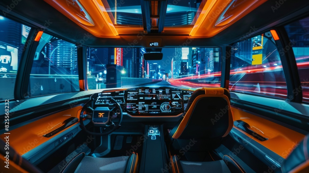 Interior of driverless taxi in a city Interior of driverless taxi in a city