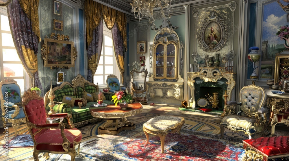 Obraz premium Victorian Living Room With Ornate Furniture And Rich Fabrics, Room Background Photos